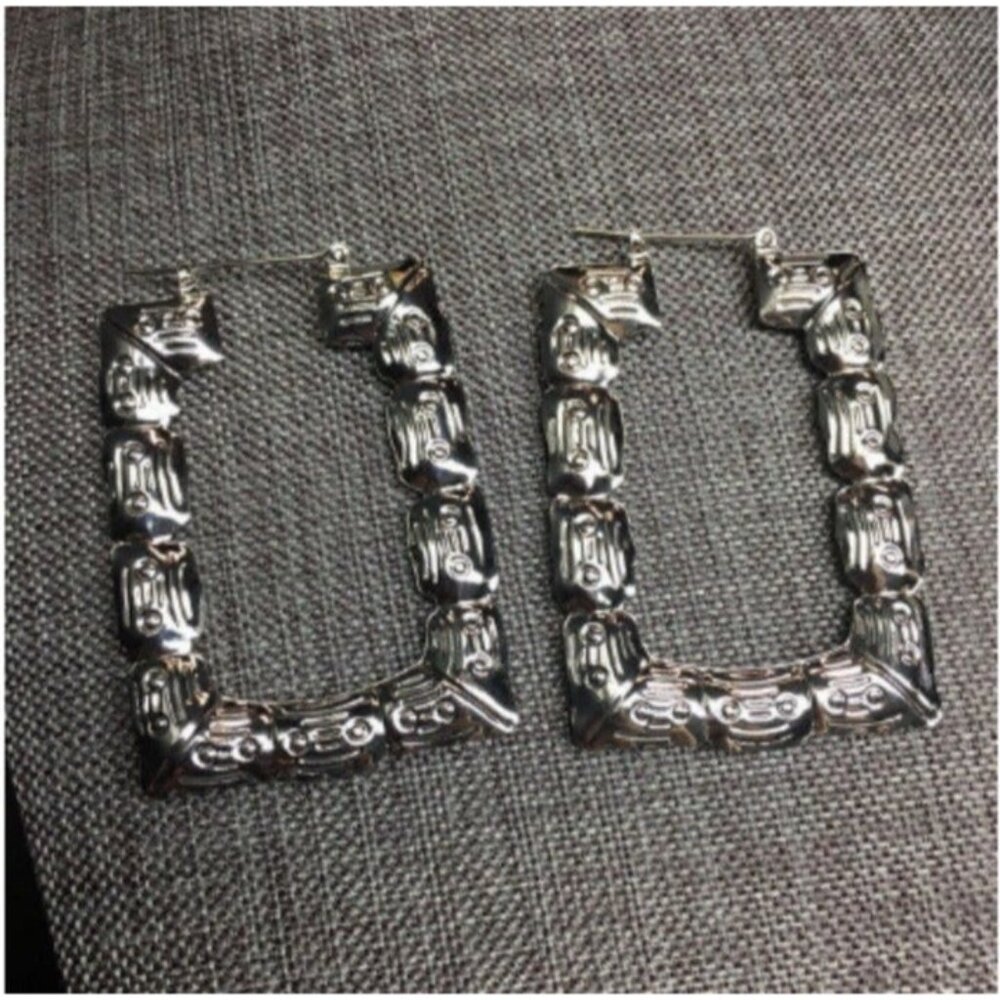 Rectangle Hoop Earrings Silver Latch Trapeze Puffy Bamboo Retro BoHo 80s 90s Y2K